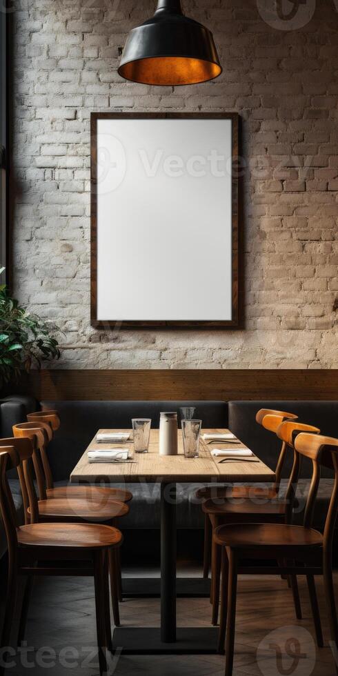 AI generated mockup sign on a brick wall in cafe. Space for your text or advertisement. Generative AI photo