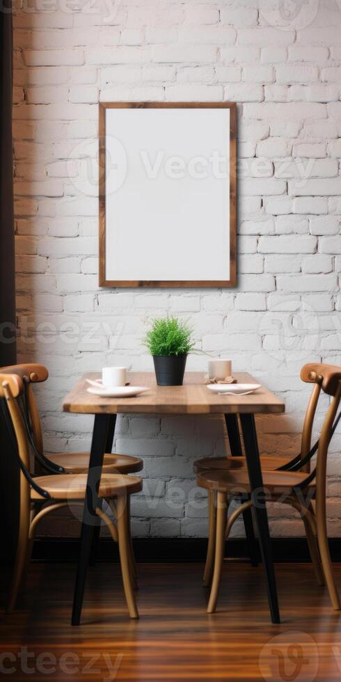 AI generated Space for your text or advertisement. Mockup on brick wall in a restaurant. Generative AI photo