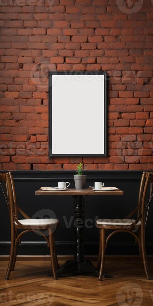 AI generated mockup sign on a brick wall in cafe. Space for your text or advertisement. Generative AI photo