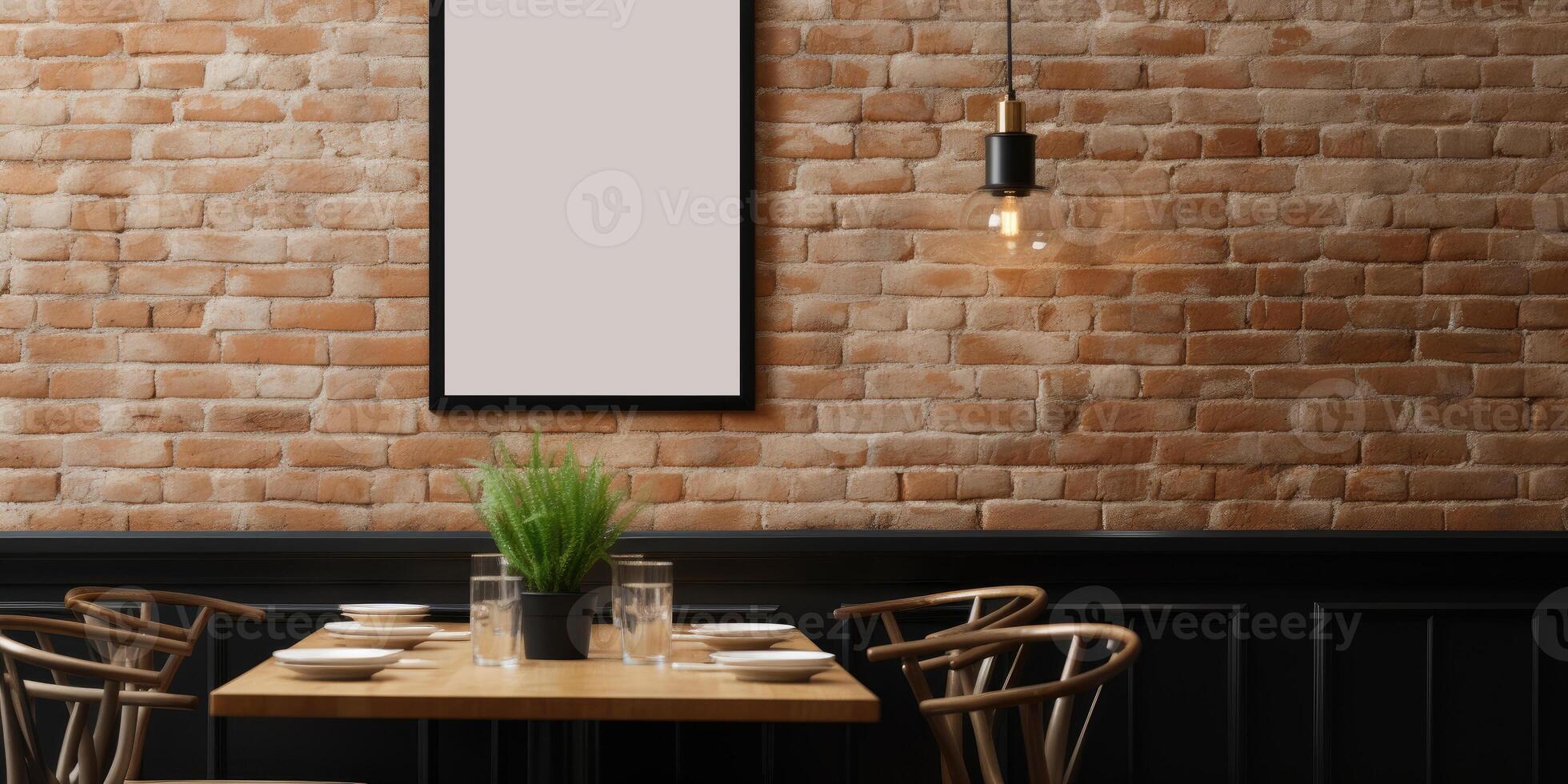 AI generated mockup sign on a brick wall in cafe. Space for your text or advertisement. Generative AI photo