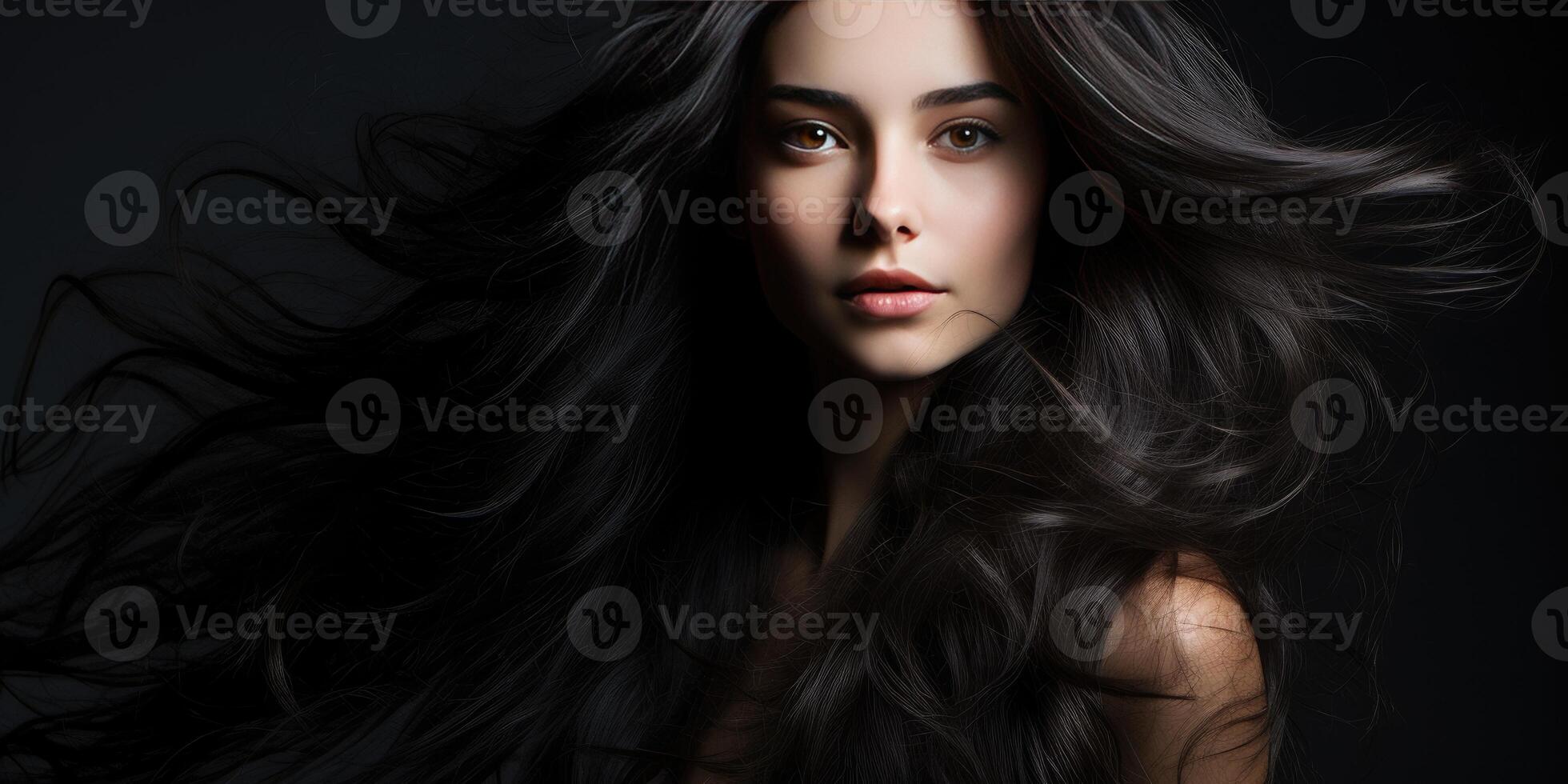 AI generated young brunette girl has beautiful and healthy hair. Place for text. Generative AI photo