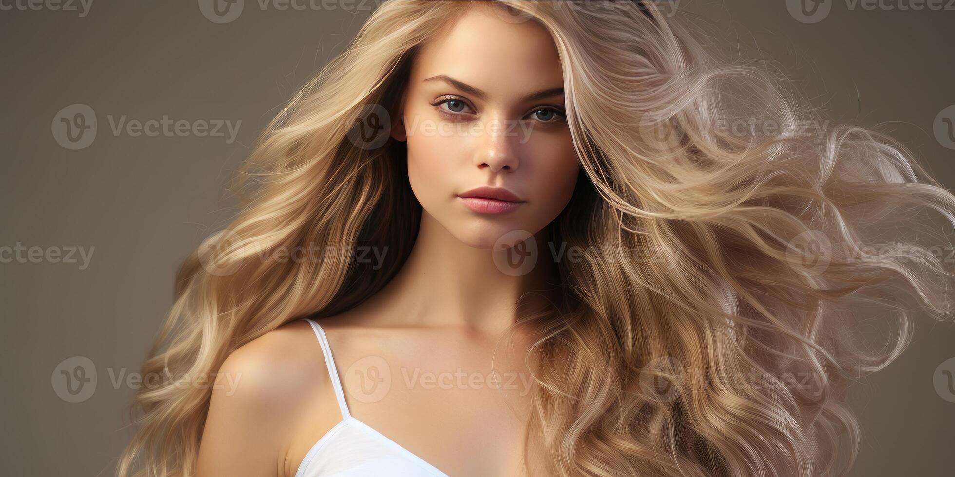 AI generated young beautiful Bondinka woman on light background., hair advertising themes. Generative AI photo