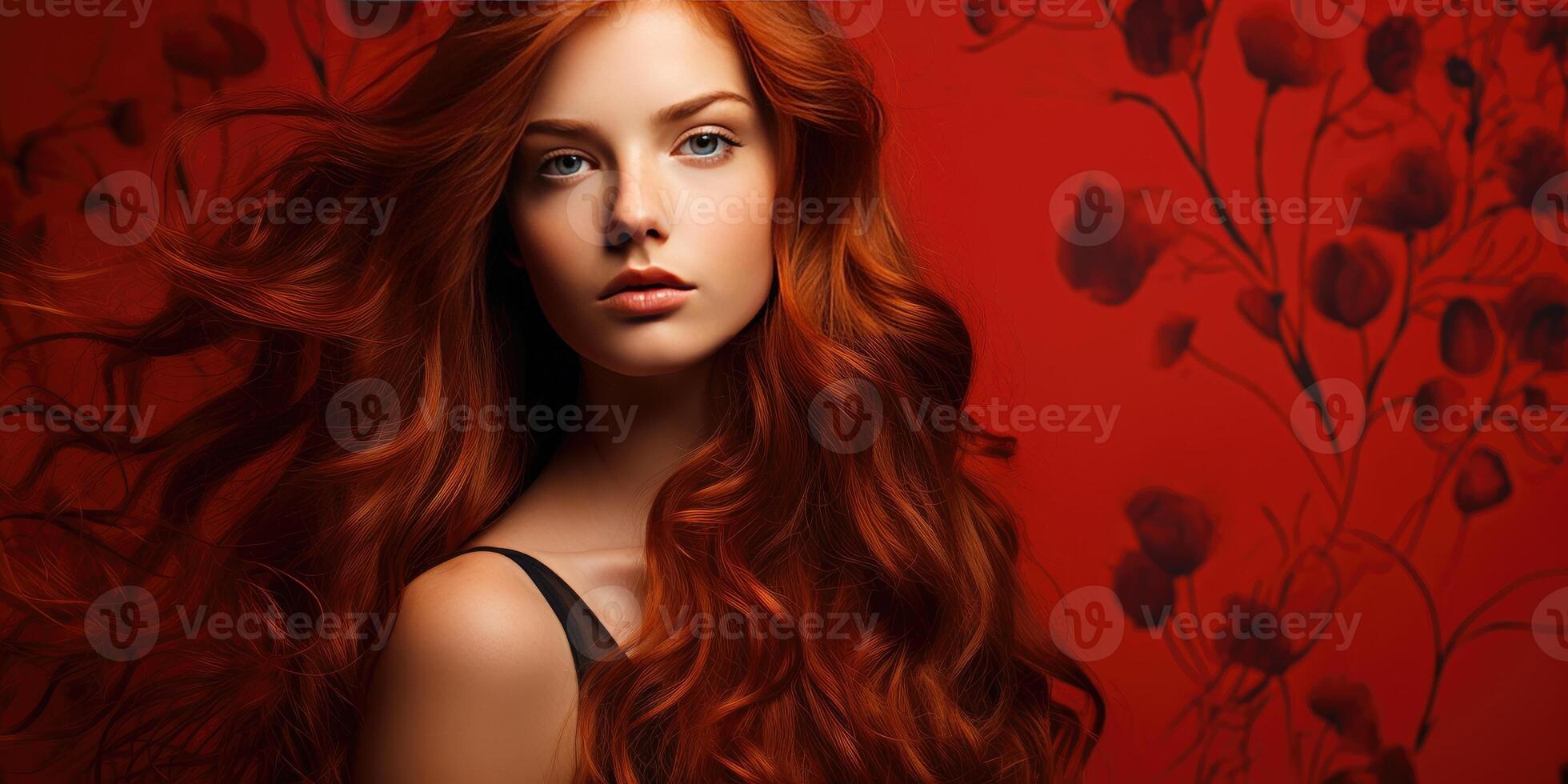 ai generado mujer con rojo pelo en un rojo fondo, publicidad champú. generativo ai foto