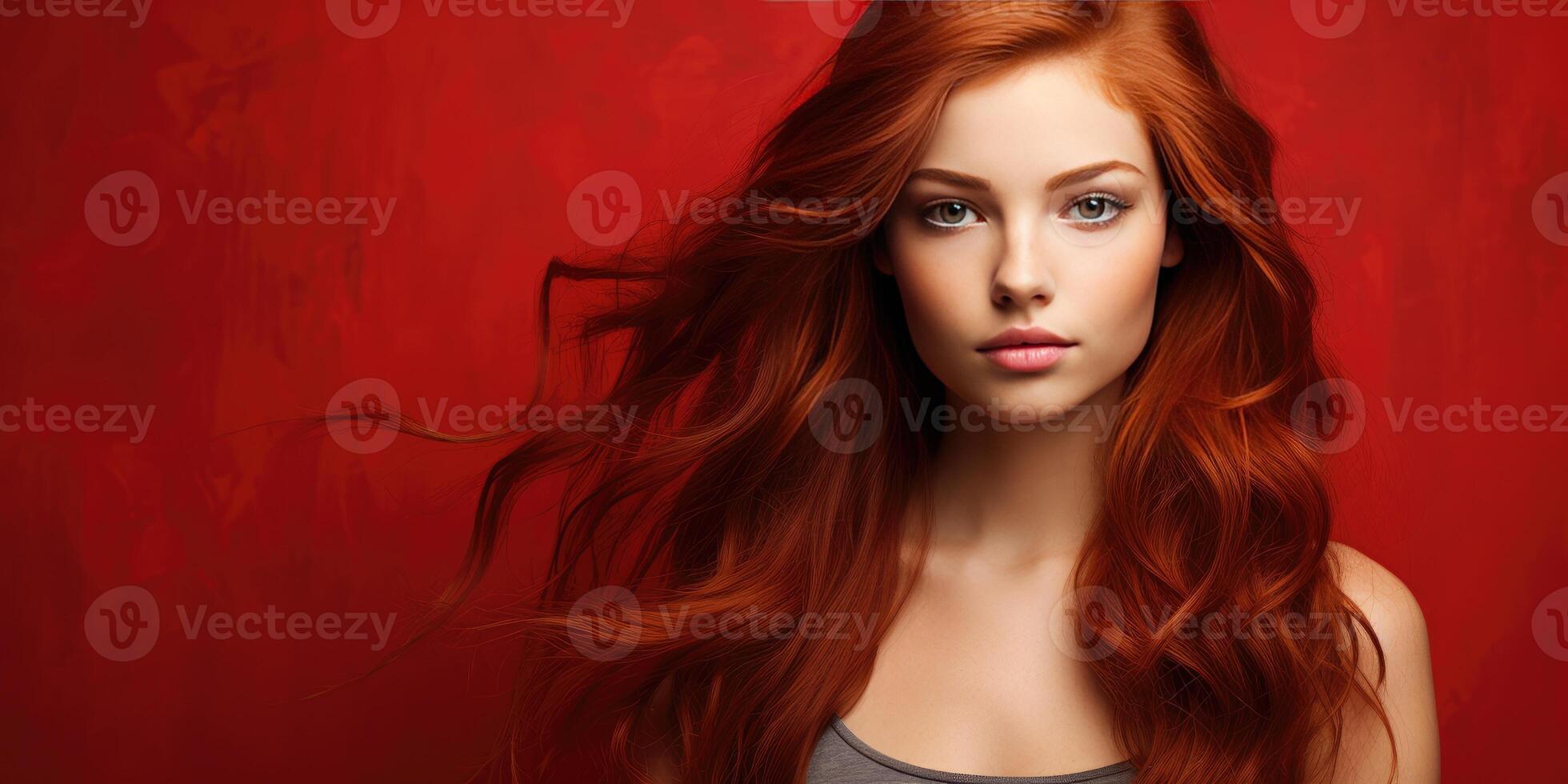 ai generado mujer con rojo pelo en un rojo fondo, publicidad champú. generativo ai foto