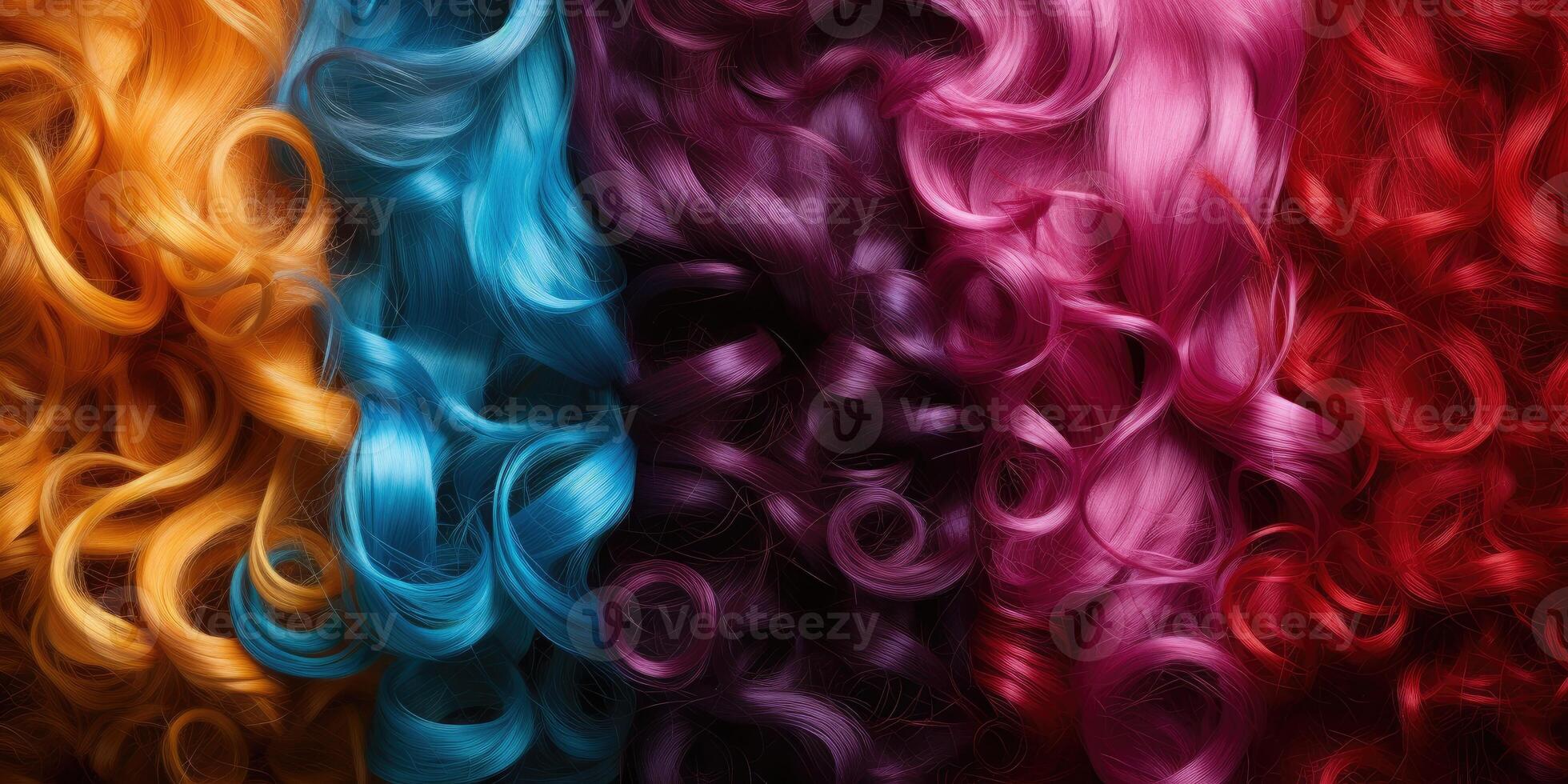 AI generated Hair texture background, set of bright hair colors. Samples of dyes for colored hair. Generative AI photo