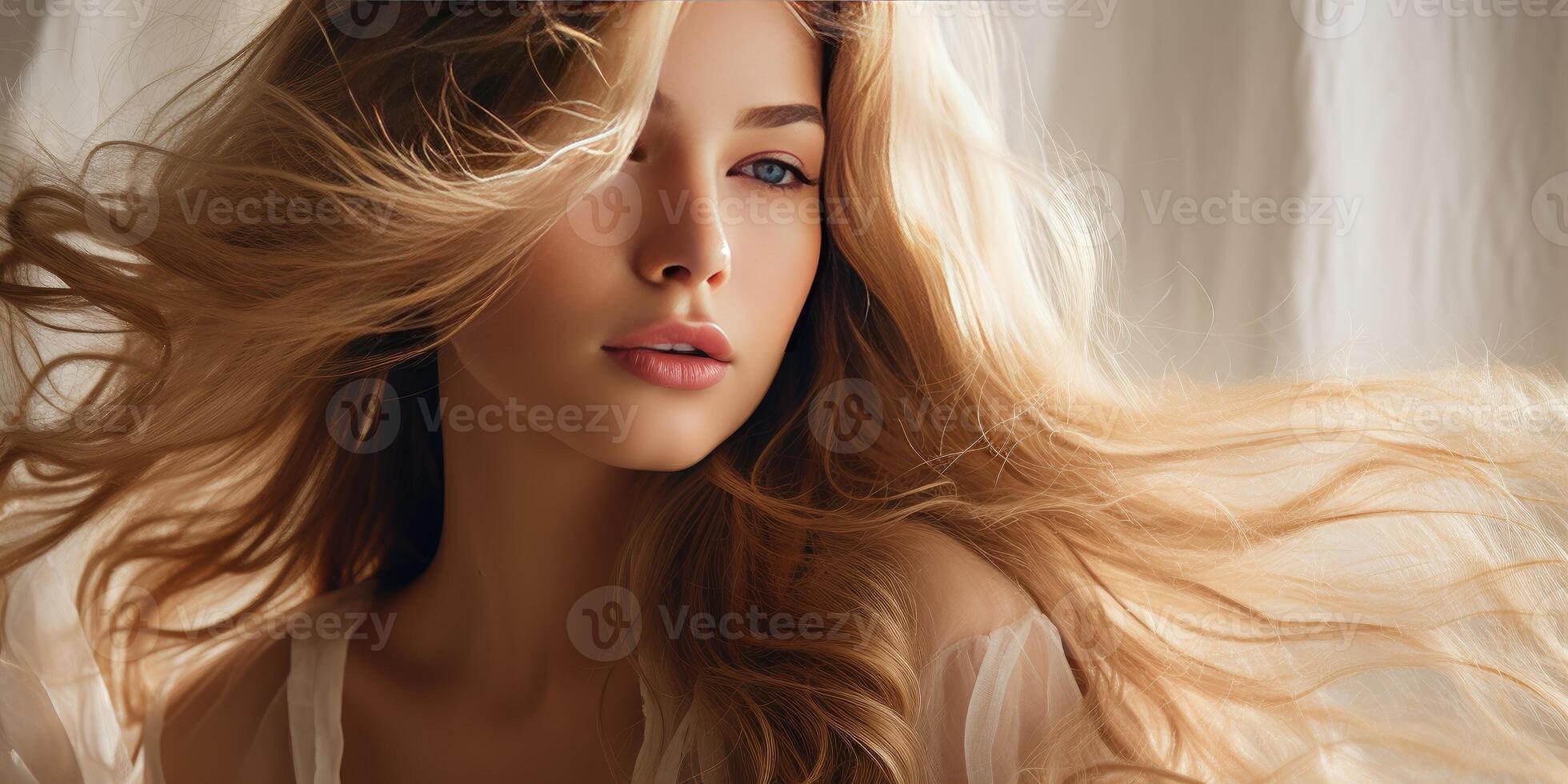 AI generated young beautiful Bondinka woman on light background., hair advertising themes. Generative AI photo