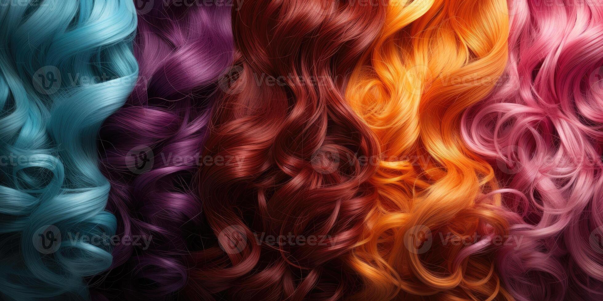 AI generated Hair texture background, set of bright hair colors. Samples of dyes for colored hair. Generative AI photo