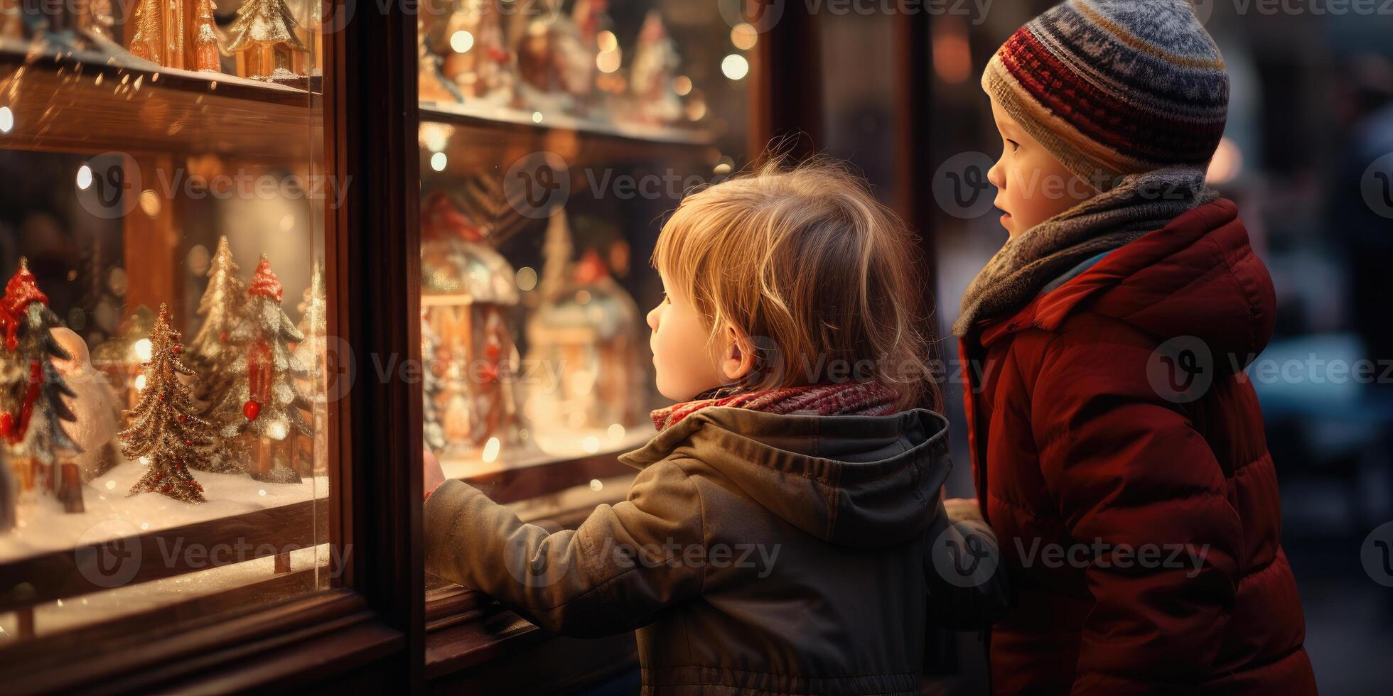 AI generated two little Children look at store window in winter, Christmas. Generative AI photo