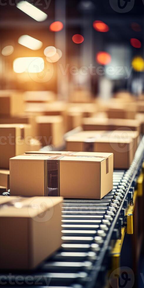 AI generated cardboard boxes moving along conveyor belt in warehouse, close-up. Generative AI photo