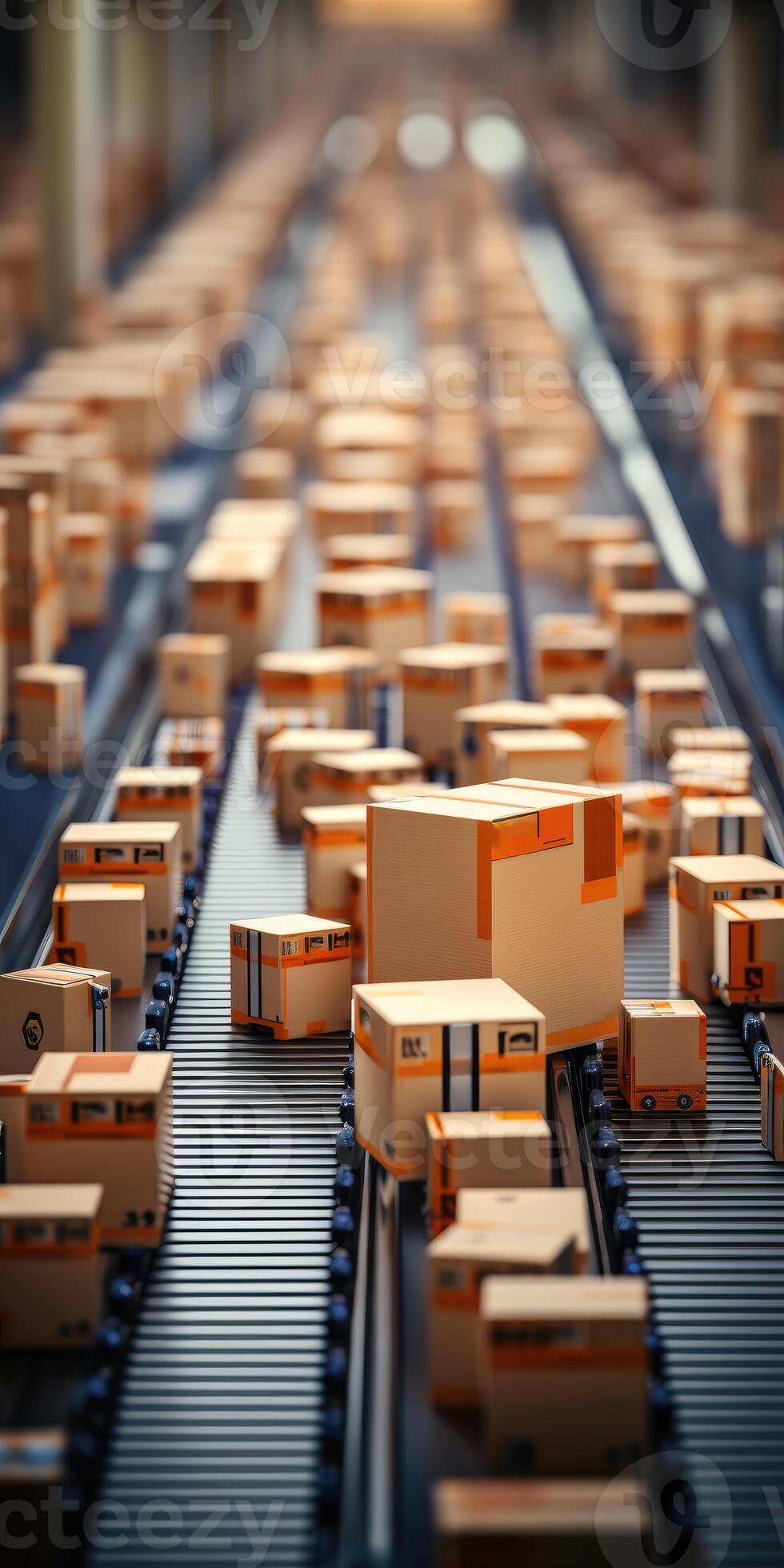 AI generated cardboard boxes moving along conveyor belt in warehouse