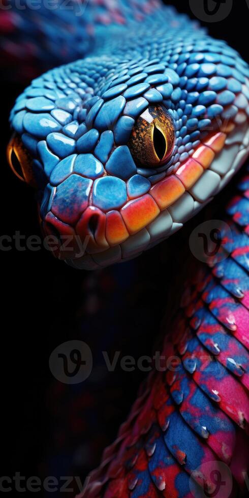 AI generated vertical macro shot of the head of blue-violet snake, the theme of Herpetology. Generative AI photo