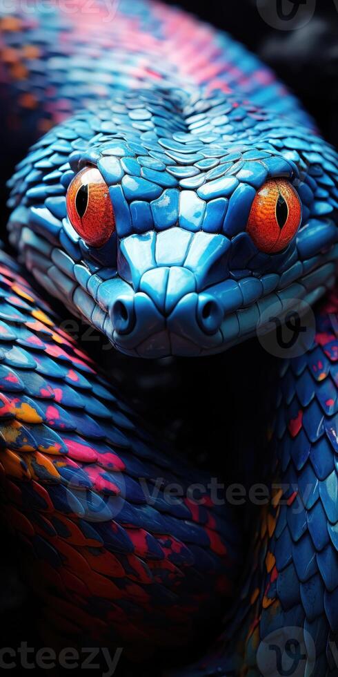 AI generated vertical macro shot of the head of blue-violet snake, the theme of Herpetology. Generative AI photo