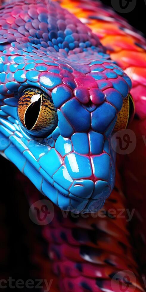 AI generated vertical macro shot of the head of blue-violet snake, the theme of Herpetology. Generative AI photo