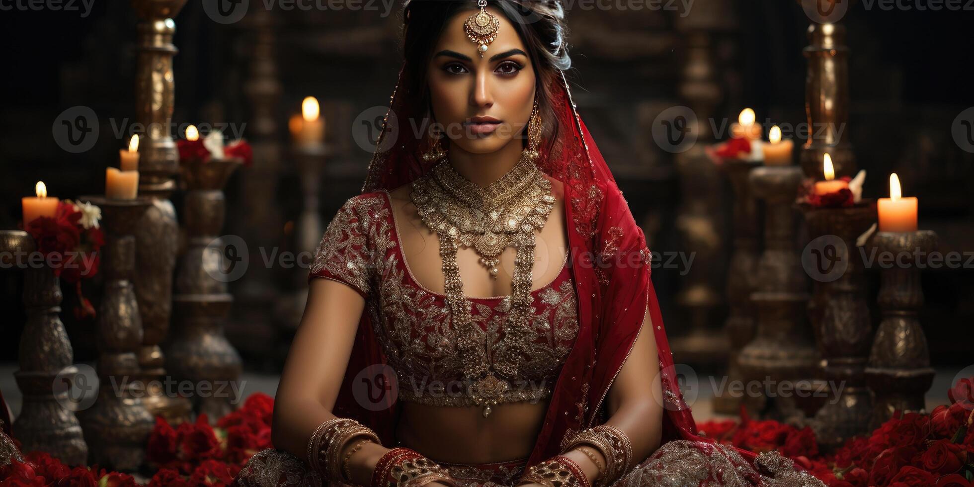 ai generado retrato de un joven hermosa indio novia sentado en el piso. generativo ai foto