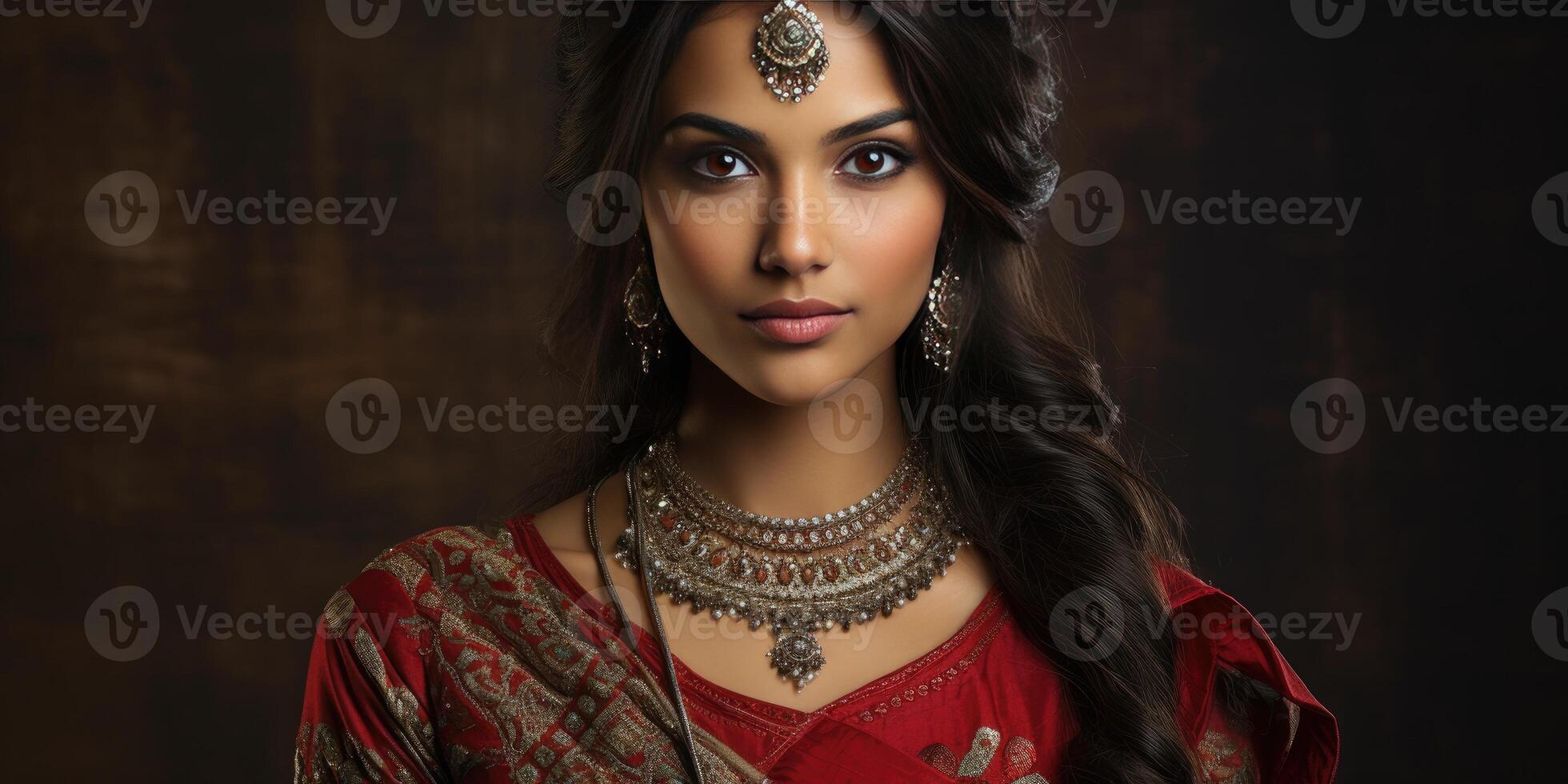 AI generated Portrait of a beautiful young Indian bride in a wedding dress. Generative AI photo