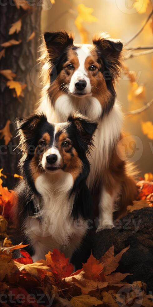 AI generated two border collie dogs in the autumn forest. Generative AI photo