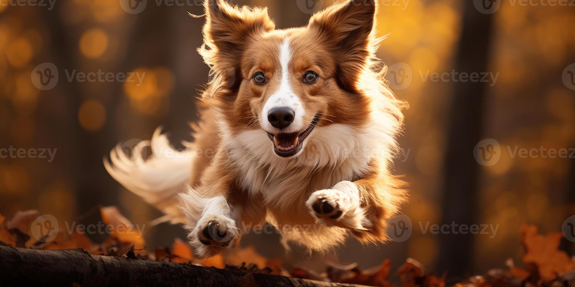 AI generated border collie dogs in a jump in the autumn forest. Generative AI photo