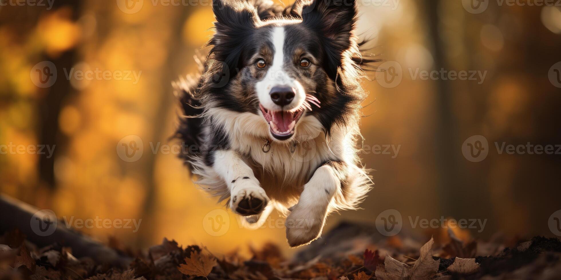 AI generated border collie dogs in a jump in the autumn forest. Generative AI photo
