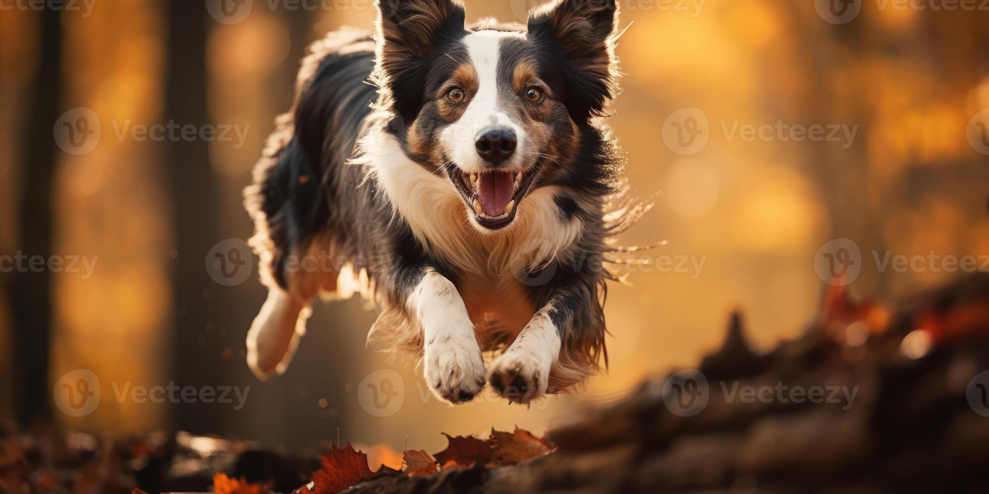 AI generated border collie dogs in a jump in the autumn forest. Generative AI photo