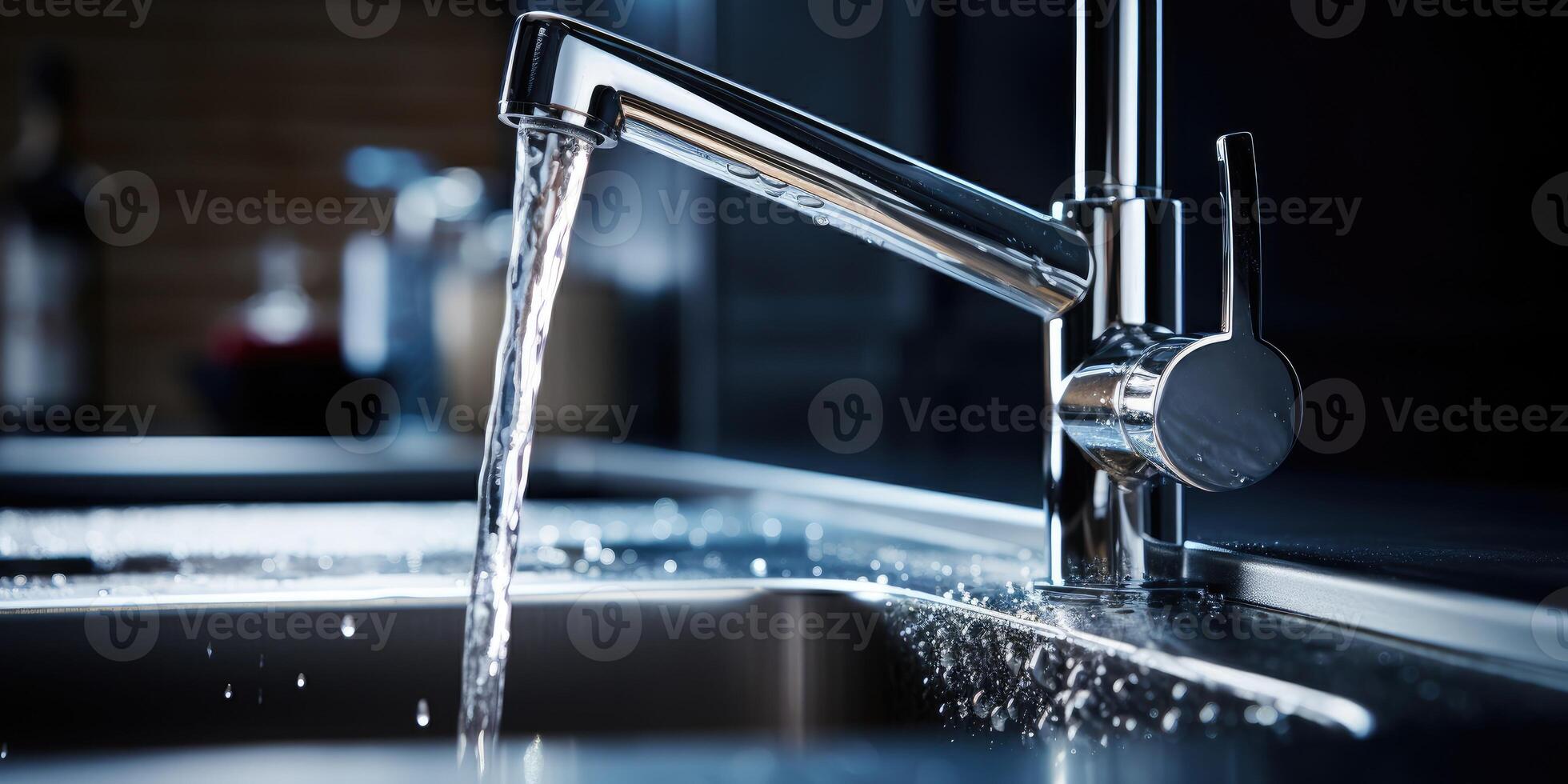 AI generated water flows from the tap, problem of economical use of water. Generative AI photo