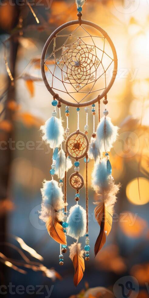 AI generated Dreamcatcher in the autumn forest, ethnic amulet, symbol. Generative AI photo