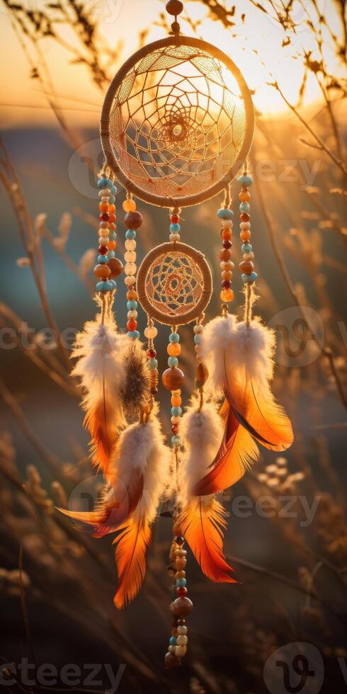 AI generated Dreamcatcher in the autumn forest, ethnic amulet, symbol. Generative AI photo