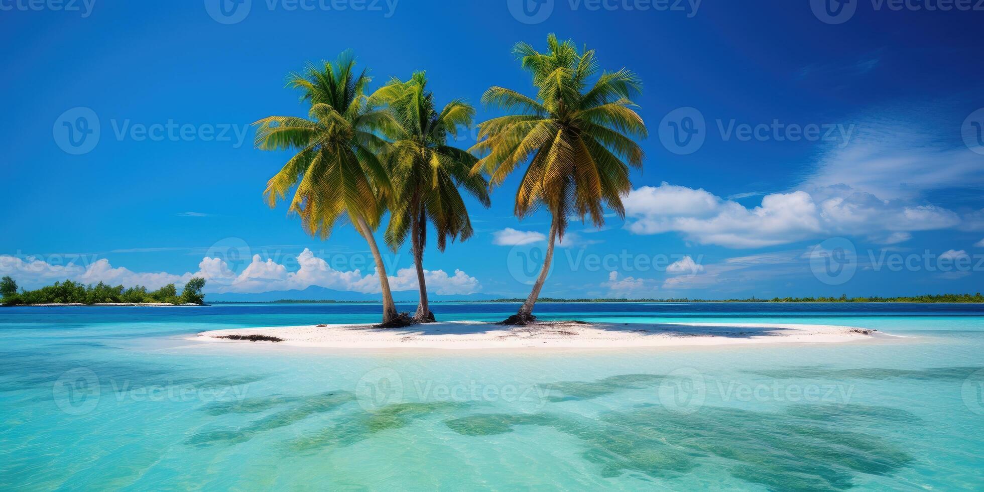 AI generated Three palm trees tropical island with white sand. The theme of rest and vacation. Generative AI photo