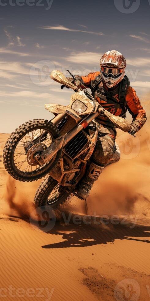 AI generated Vertical shot of a racer on a motorcycle in the sandy desert. Generative AI photo