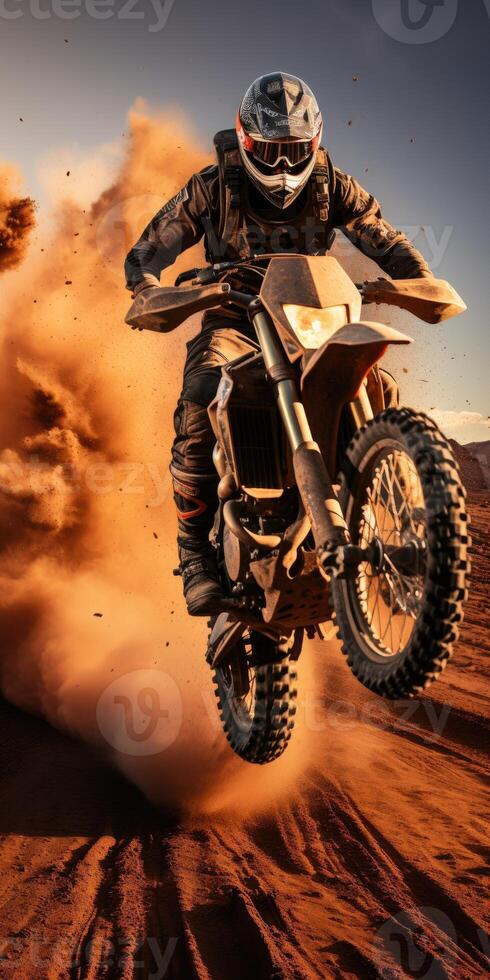 AI generated Vertical shot of a racer on a motorcycle in the sandy desert. Generative AI photo