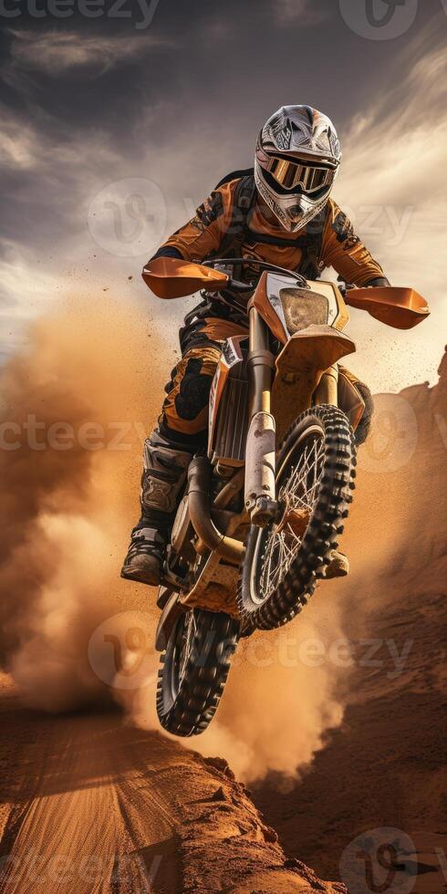 AI generated Vertical shot of a racer on a motorcycle in the sandy desert. Generative AI photo
