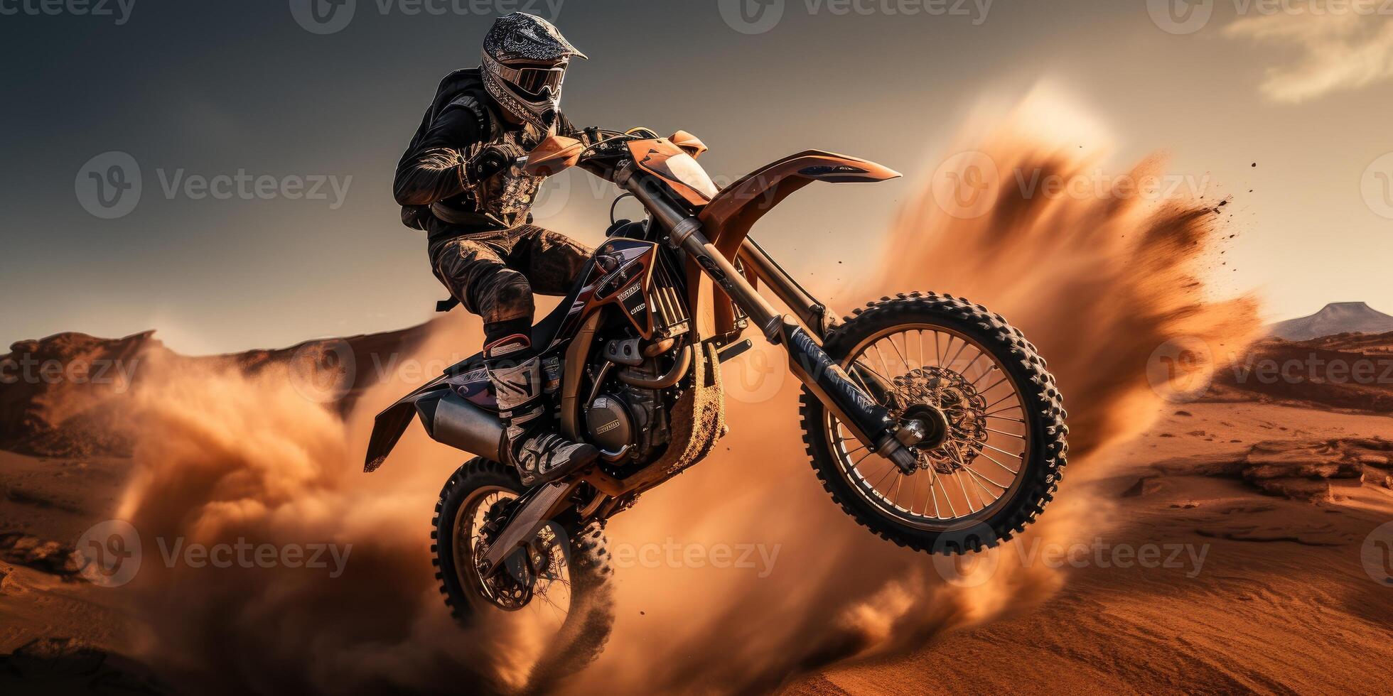 AI generated Extreme motorcycle riding. Racer in the sandy desert. Generative AI photo