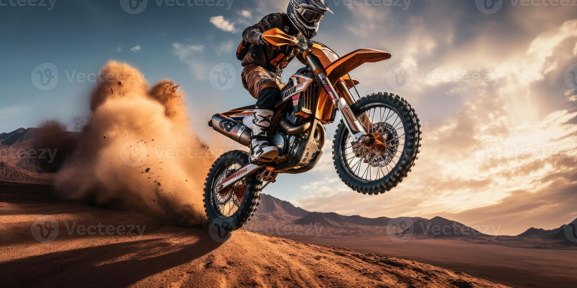 AI generated Extreme motorcycle riding. Racer in the sandy desert. Generative AI photo