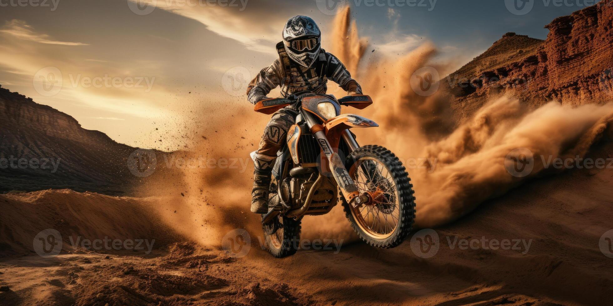 ai generado extremo motocicleta equitación. corredor en el arenoso desierto. generativo ai foto