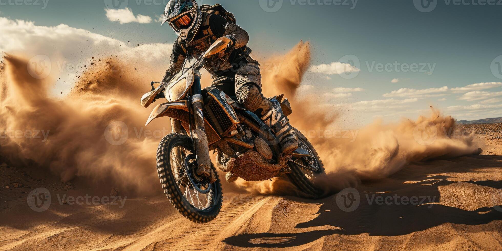 AI generated A motorcycle racer rides along a sandy road in the desert. Generative AI photo