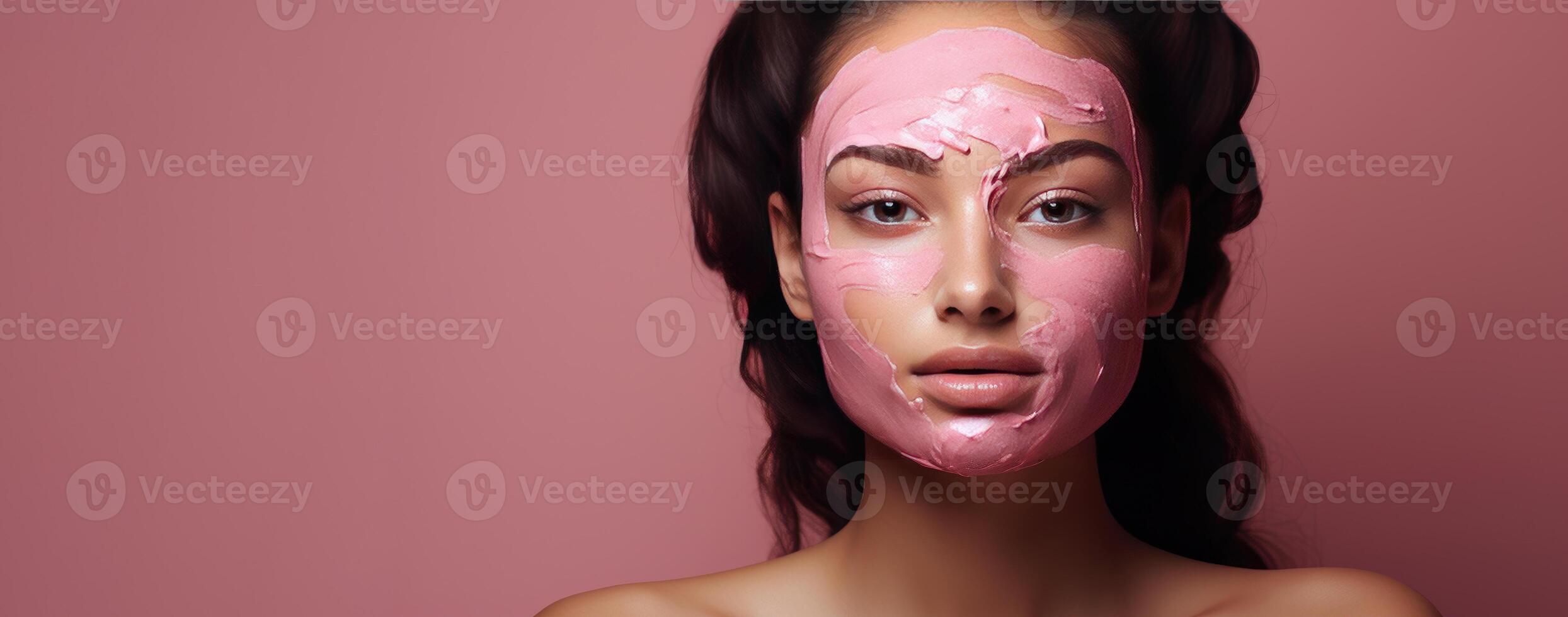 AI generated Beautiful young girl with pink cosmetic face mask, pink banner. Generative AI photo
