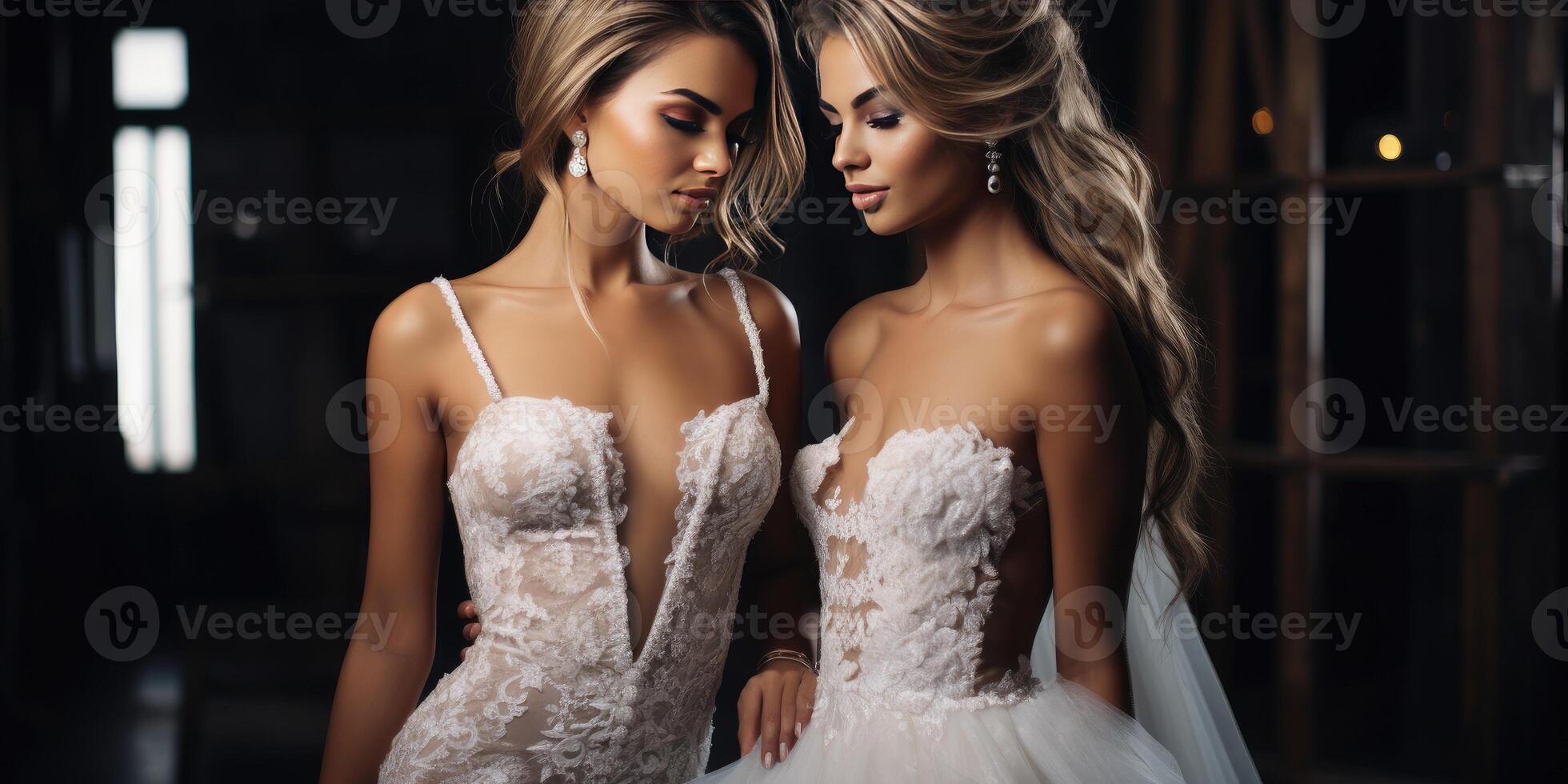 AI generated two beautiful female friends in luxurious white dresses. Generative AI photo