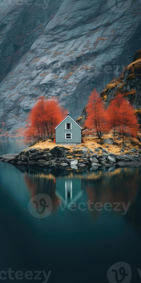 AI generated red lake house, scandinavian style. Image for poster or postcard. Generative AI photo
