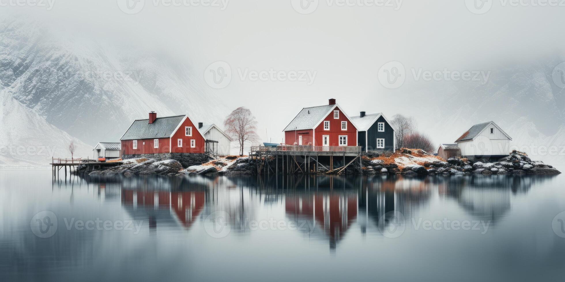AI generated Gorgeous scandinavian style houses, Image for postcard or poster. Generative AI photo