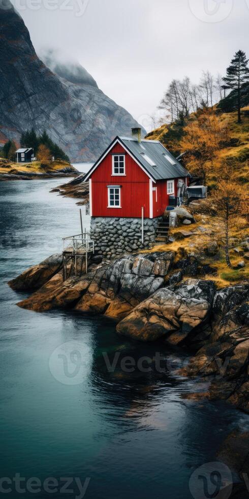 ai generado lago casas, escandinavo estilo. minimalismo imagen para póster. generativo ai foto