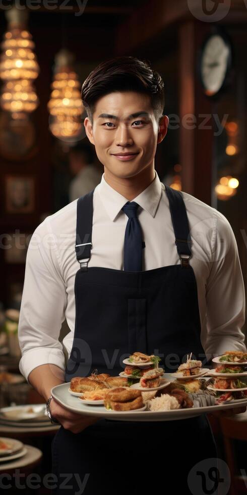 AI generated Happy male waiter in an Asian restaurant close-up. Generative AI photo