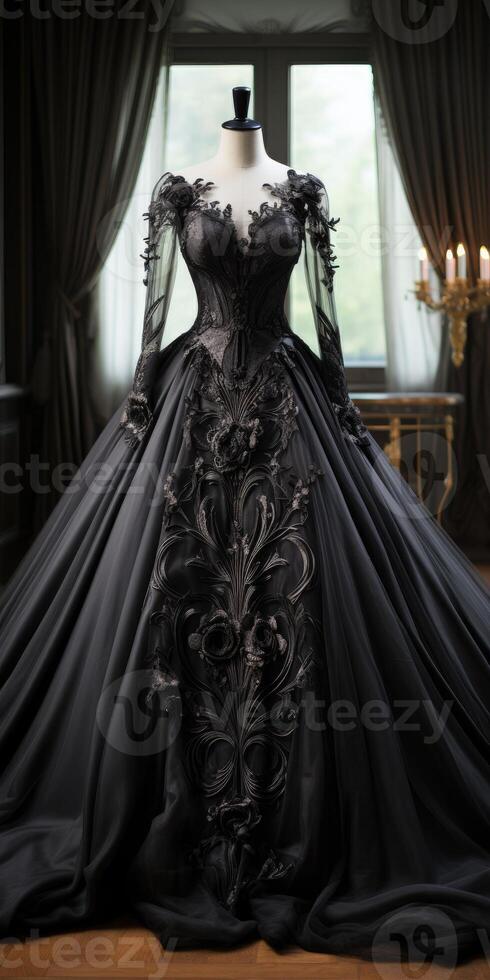 AI generated Beautiful black dress on the floor on mannequin with patterns. Hand embroidery. Generative AI photo