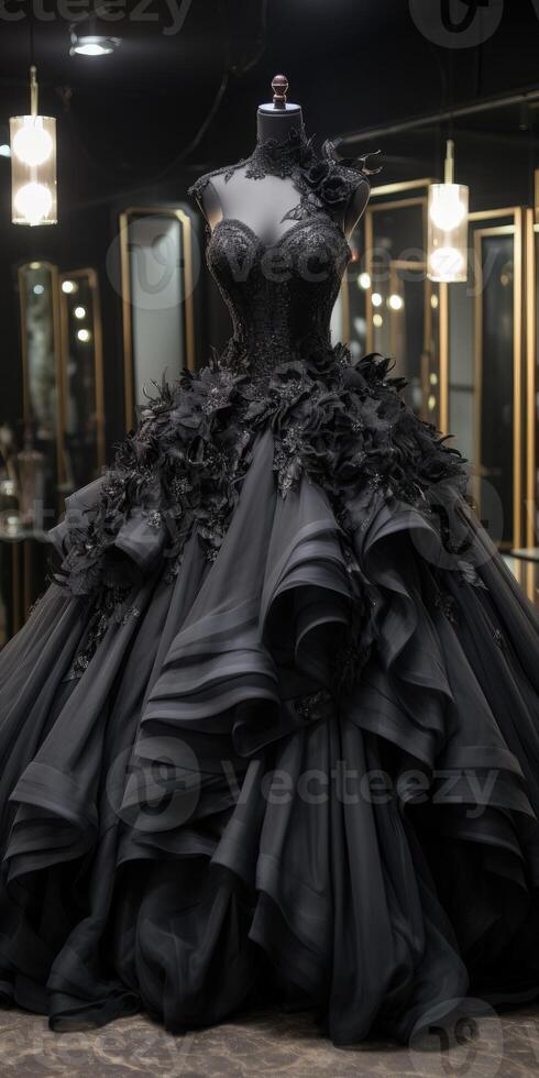 AI generated Beautiful black dress on the floor on mannequin with patterns. Hand embroidery. Generative AI photo