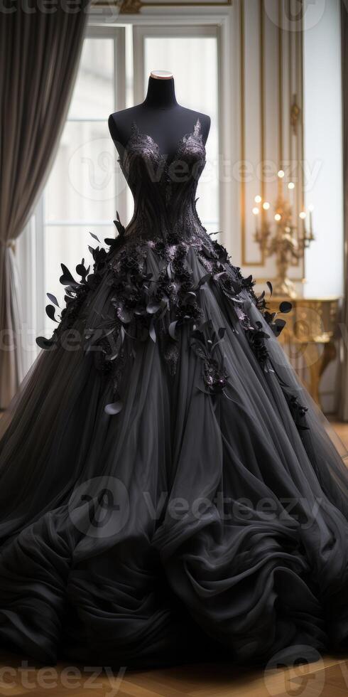 AI generated Luxurious black dress on a mannequin near the window. Handmade. Generative AI photo