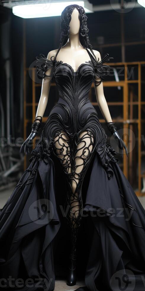 AI generated Gorgeous black dress on a mannequin with patterns, flowers. Hand embroidery. Generative AI photo