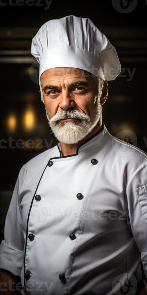 AI generated A male chef in a white tunic and cap, in a restaurant on dark background. Generative AI photo