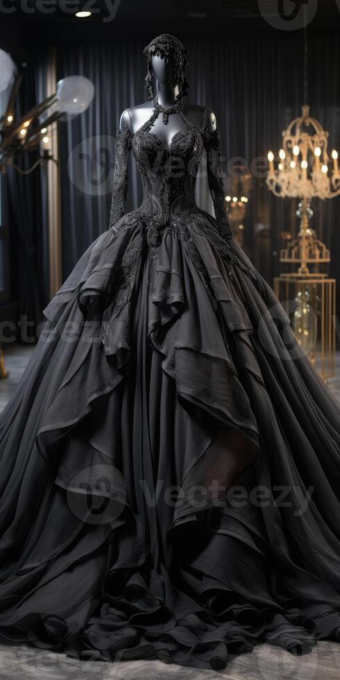 AI generated Beautiful black dress on the floor on mannequin with patterns. Hand embroidery. Generative AI photo
