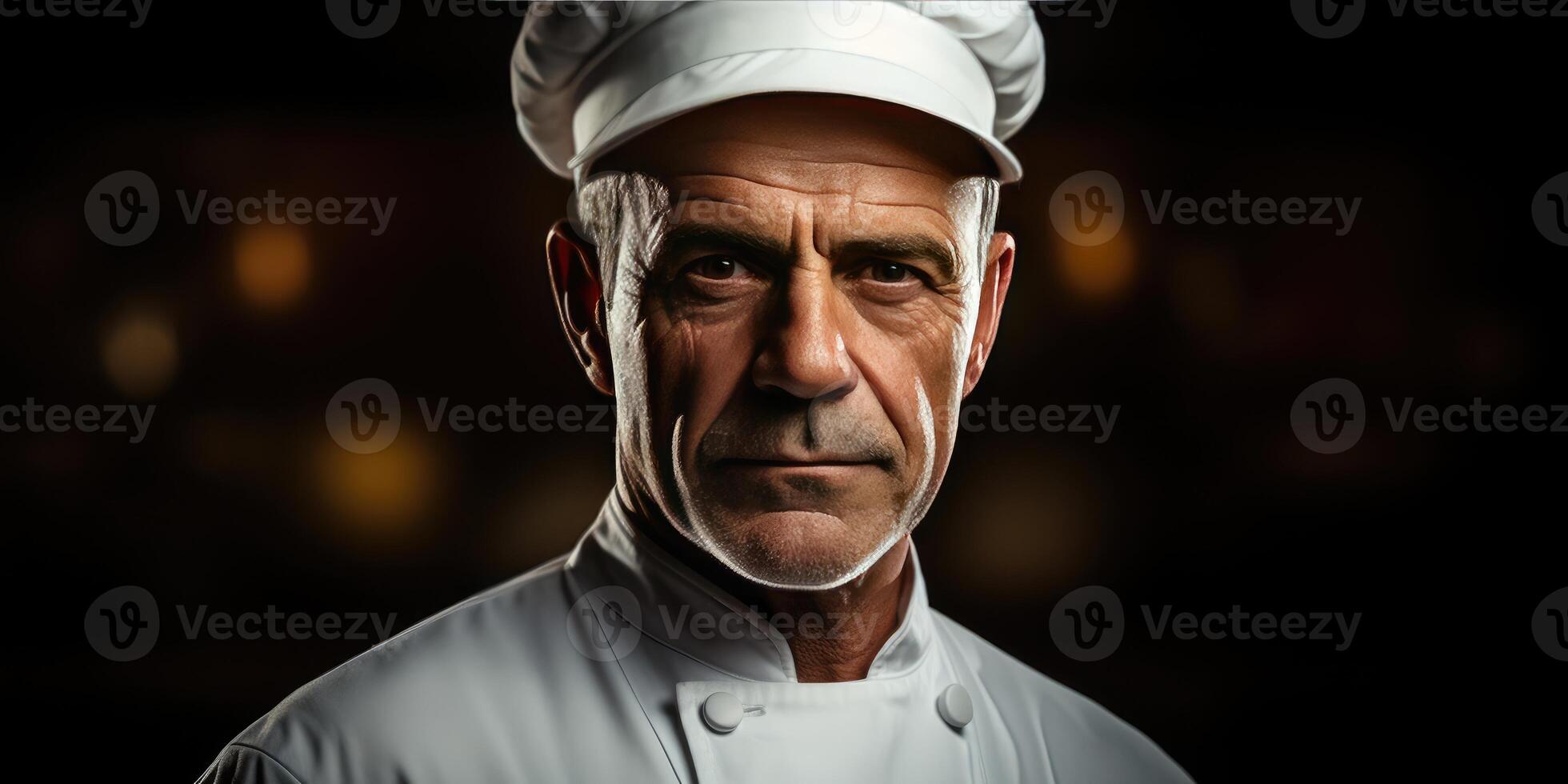 AI generated A male chef in a white tunic and cap, in a restaurant on dark background. Generative AI photo