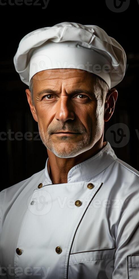 ai generado de cerca retrato de un masculino cocinero en blanco sayo en oscuro antecedentes. generativo ai foto