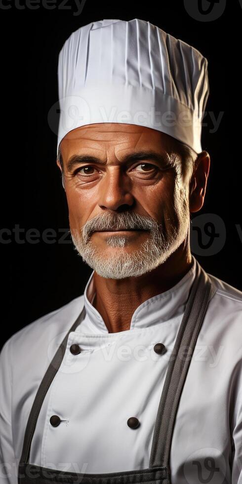 AI generated Close-up portrait of a male chef in white tunic on dark background. Generative AI photo