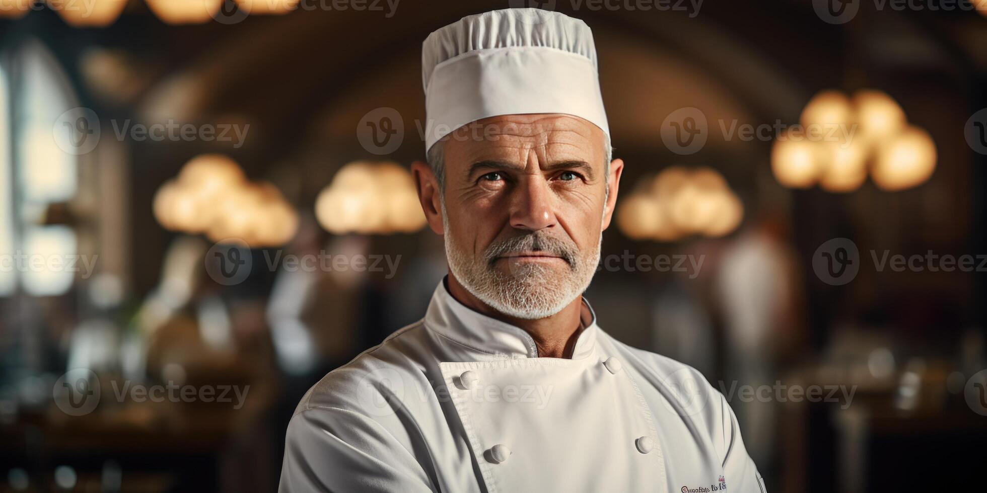 AI generated A male chef in a white tunic and cap, in a restaurant on dark background. Generative AI photo